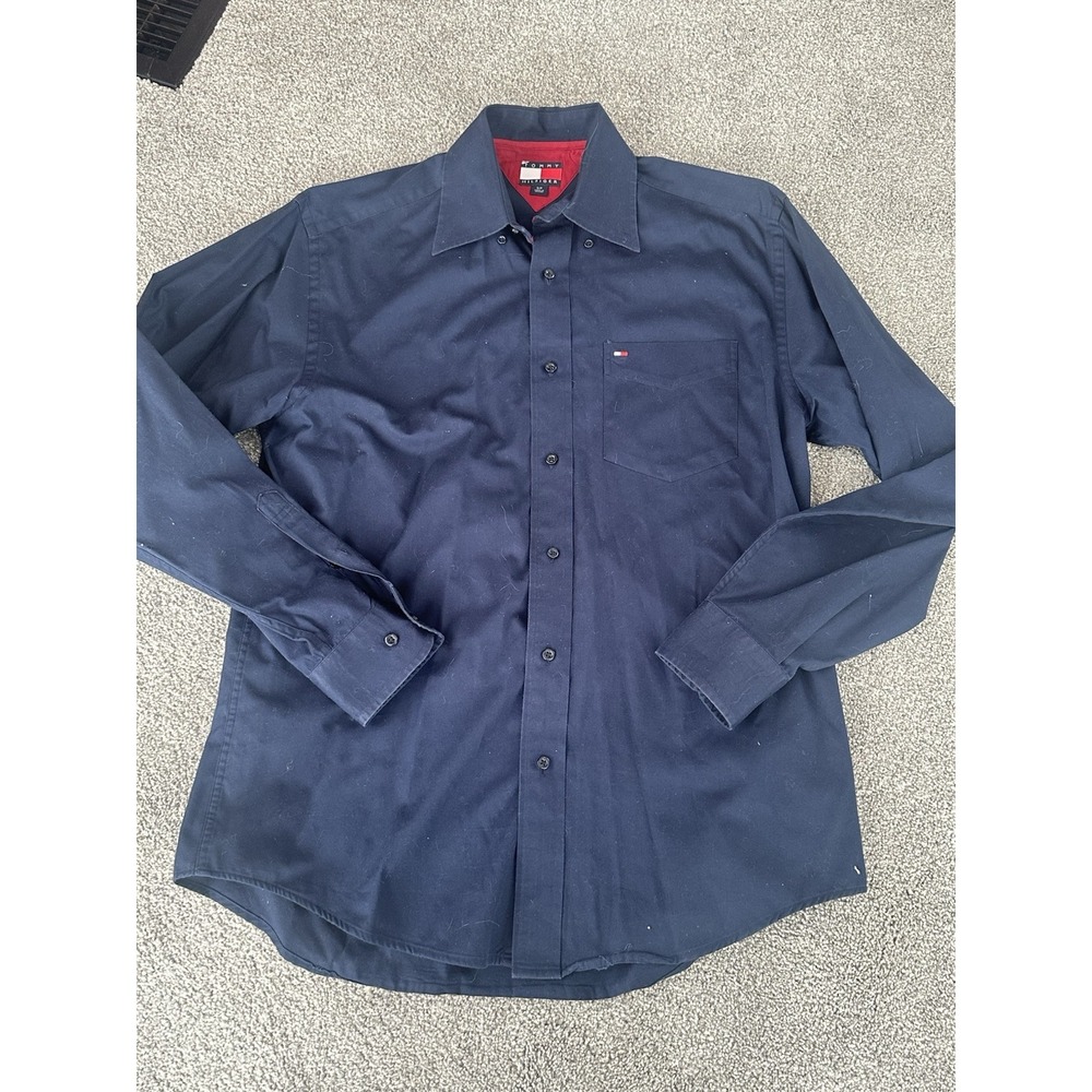 Vintage Y2K 90s Tommy Hilfiger Shirt Mens S Navy Blue Long Sleeve Button Down